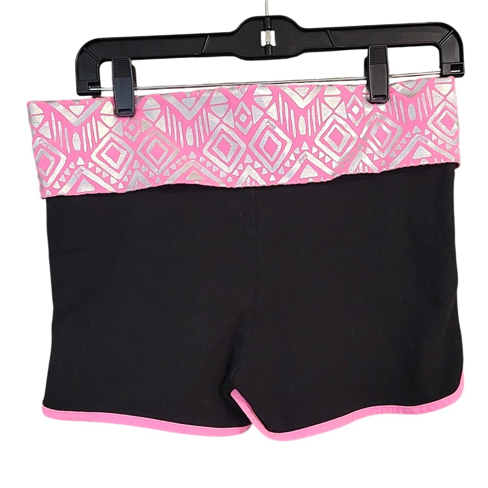 PINK Yoga Shorts Victoria's Secret Black Pink Silver Geometric Foldover M - Picture 2 of 4